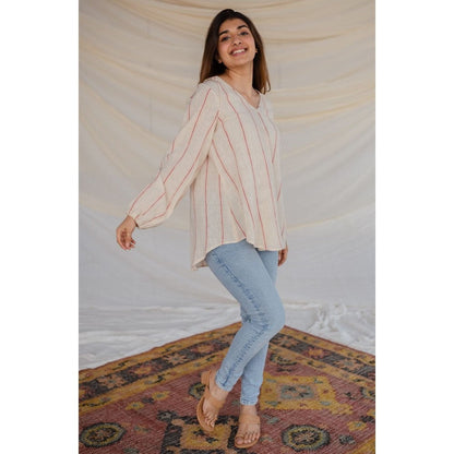 The Indian Ethnic Co. Off White Handwoven Organic Kala Cotton Short Top