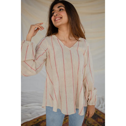 The Indian Ethnic Co. Off White Handwoven Organic Kala Cotton Short Top