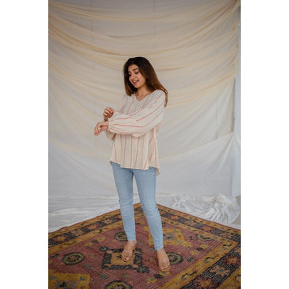 The Indian Ethnic Co. Off White Handwoven Organic Kala Cotton Short Top