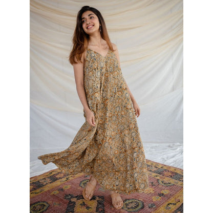 The Indian Ethnic Co. Brown Kalamkari Rayon Dress