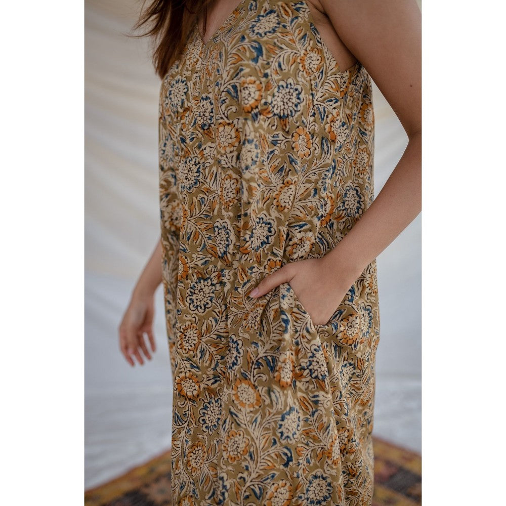 The Indian Ethnic Co. Brown Kalamkari Rayon Dress