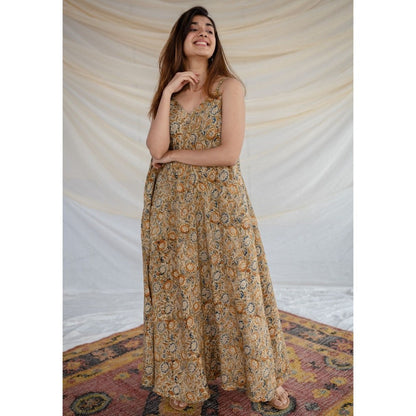 The Indian Ethnic Co. Brown Kalamkari Rayon Dress
