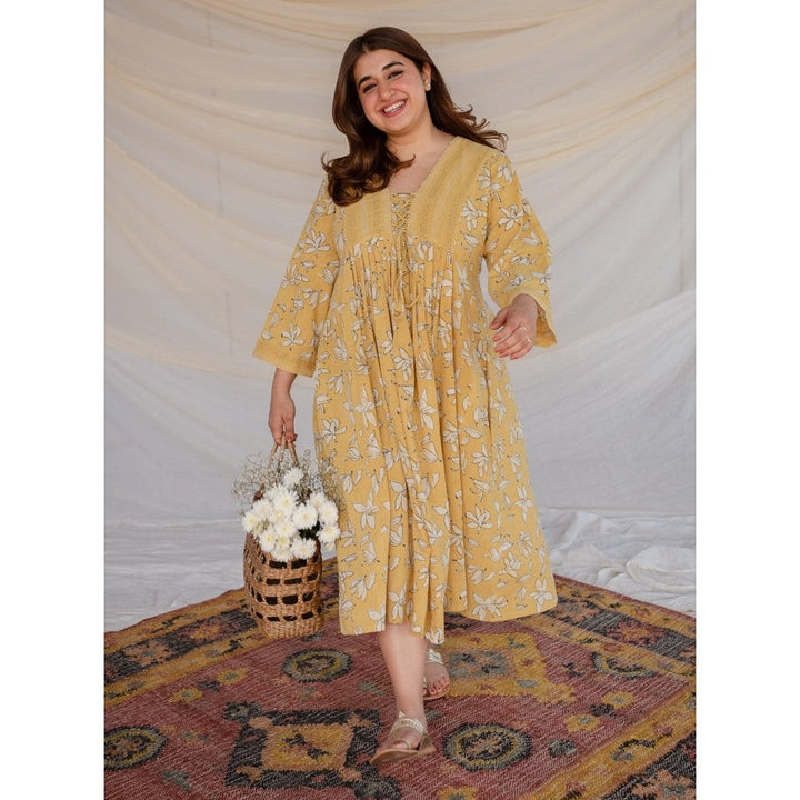 The Indian Ethnic Co. Mustard Dabu Slub Cotton Dress