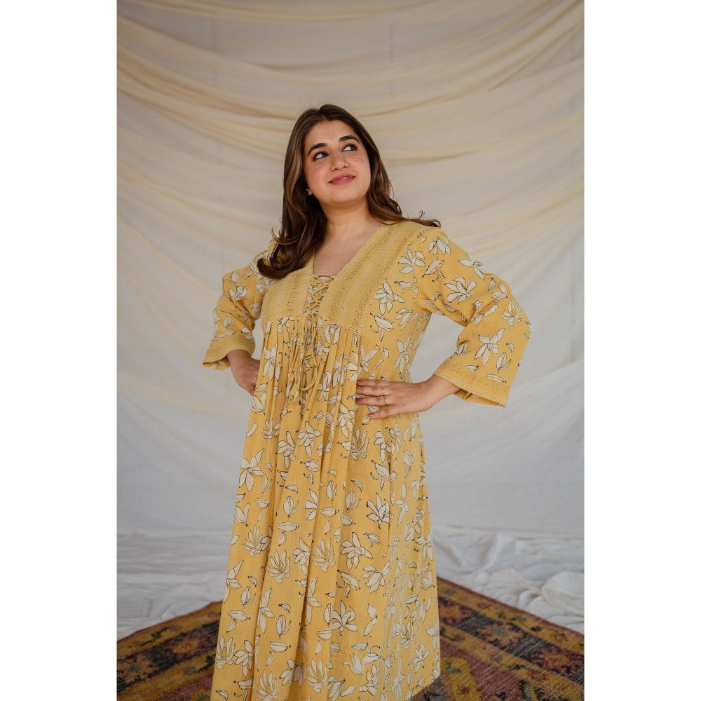 The Indian Ethnic Co. Mustard Dabu Slub Cotton Dress