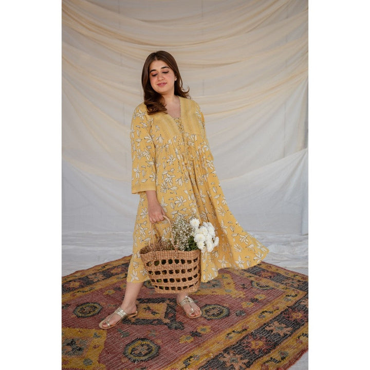 The Indian Ethnic Co. Mustard Dabu Slub Cotton Dress