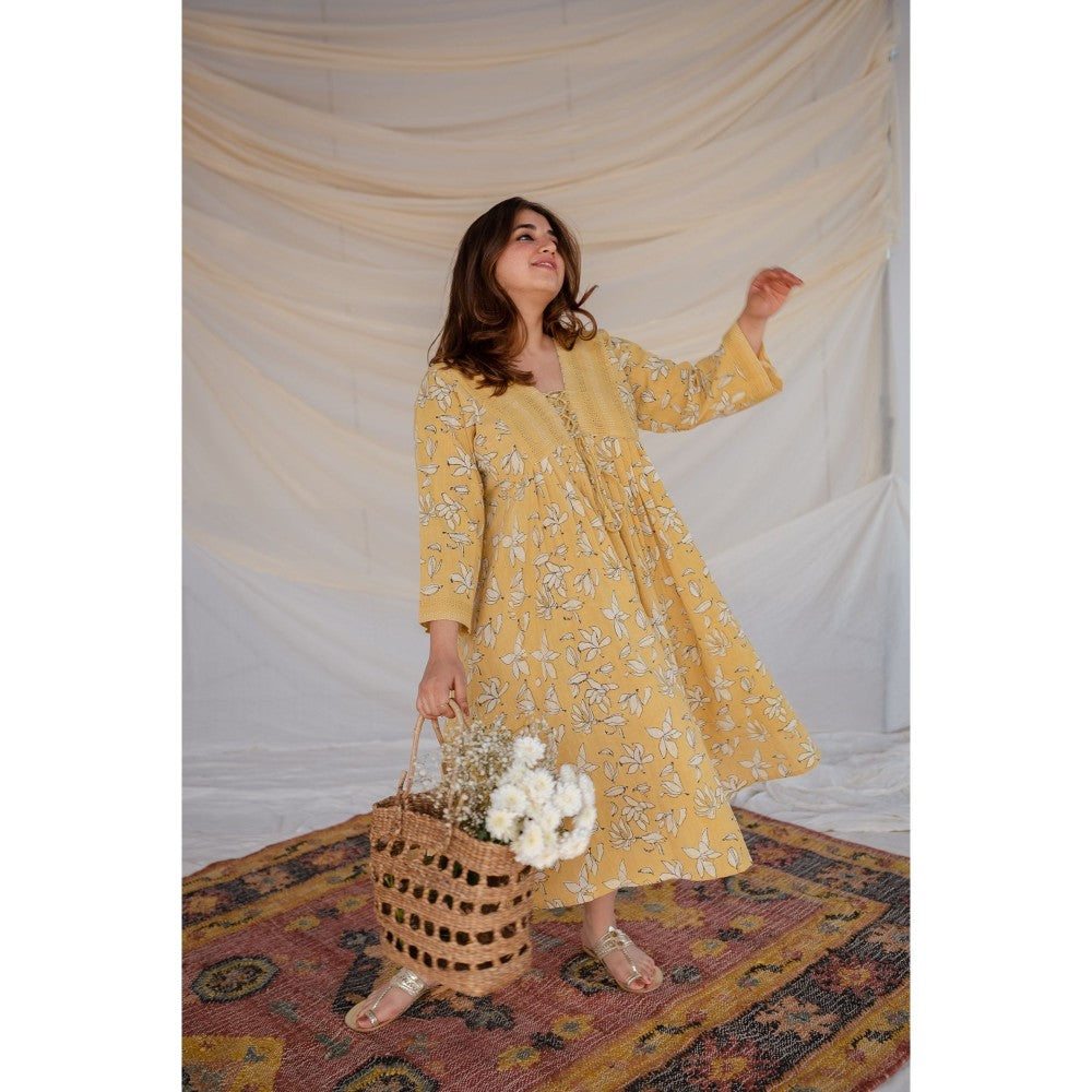 The Indian Ethnic Co. Mustard Dabu Slub Cotton Dress