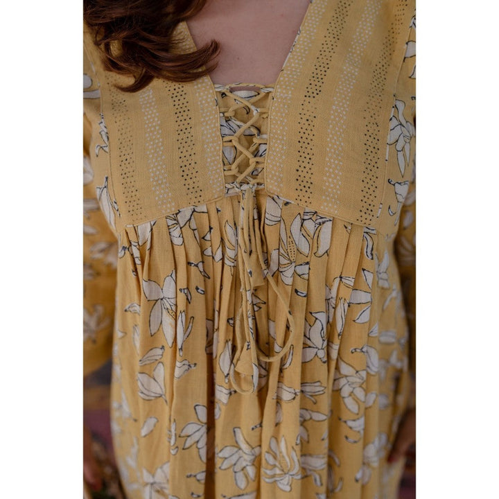 The Indian Ethnic Co. Mustard Dabu Slub Cotton Dress