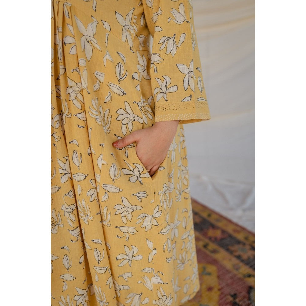 The Indian Ethnic Co. Mustard Dabu Slub Cotton Dress