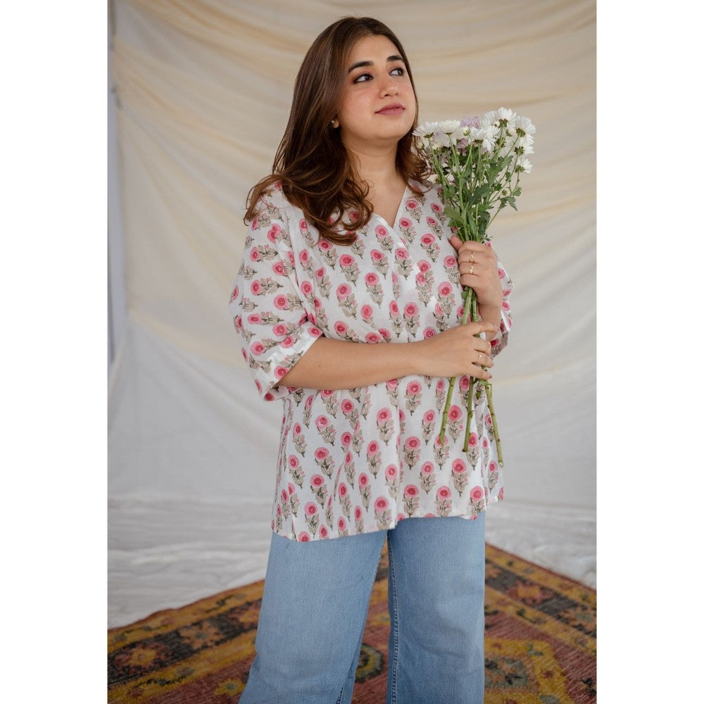 The Indian Ethnic Co. White Sanganeri Organic Cotton Top