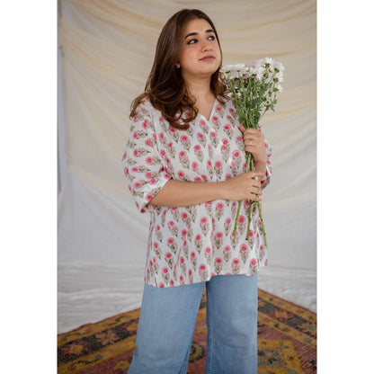 The Indian Ethnic Co. White Sanganeri Organic Cotton Top