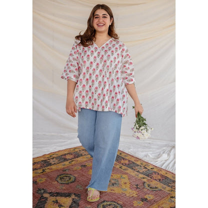 The Indian Ethnic Co. White Sanganeri Organic Cotton Top