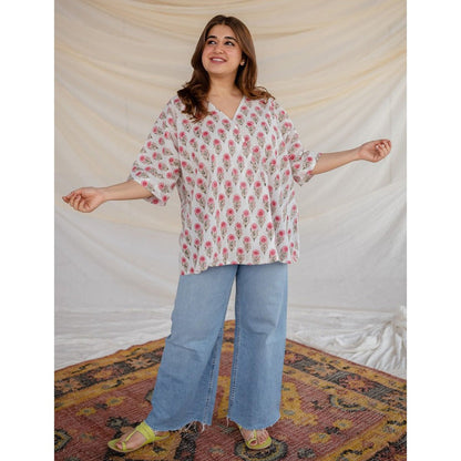 The Indian Ethnic Co. White Sanganeri Organic Cotton Top