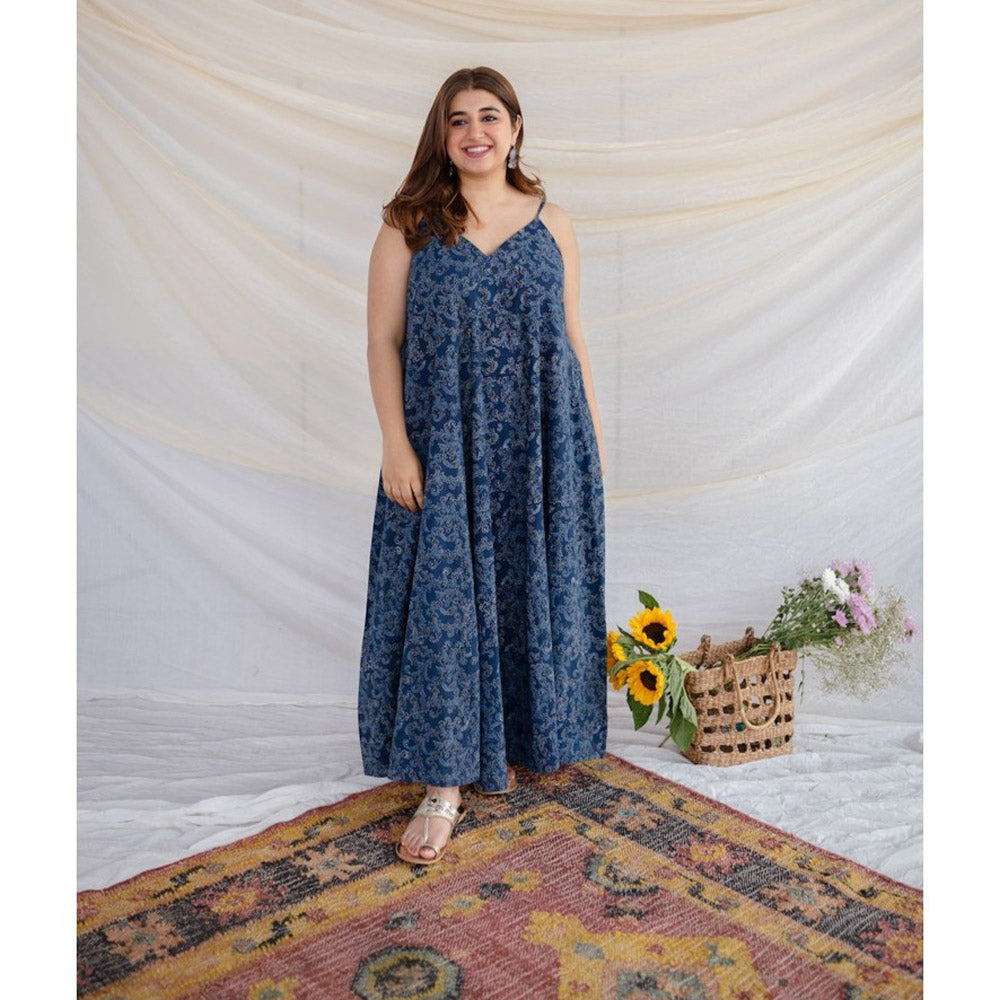 The Indian Ethnic Co. Indigo Ajrakh Cotton Maxi Dress