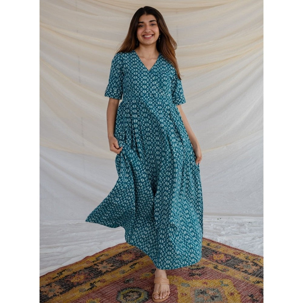The Indian Ethnic Co. Teal Geometric Print Dabu Cotton Dress