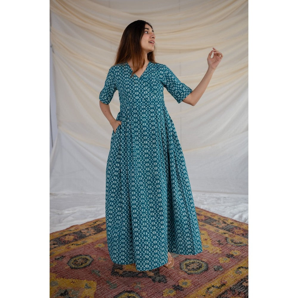 The Indian Ethnic Co. Teal Geometric Print Dabu Cotton Dress