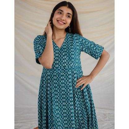 The Indian Ethnic Co. Teal Geometric Print Dabu Cotton Dress