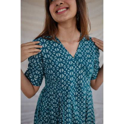 The Indian Ethnic Co. Teal Geometric Print Dabu Cotton Dress