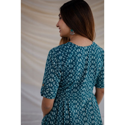 The Indian Ethnic Co. Teal Geometric Print Dabu Cotton Dress