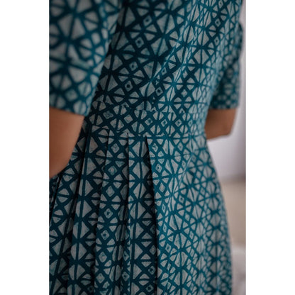 The Indian Ethnic Co. Teal Geometric Print Dabu Cotton Dress