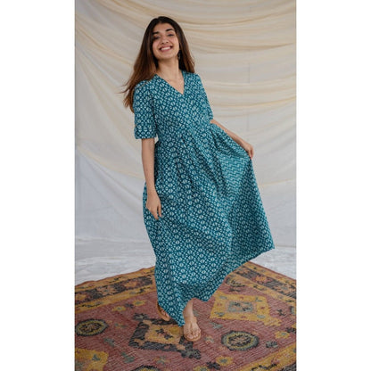 The Indian Ethnic Co. Teal Geometric Print Dabu Cotton Dress