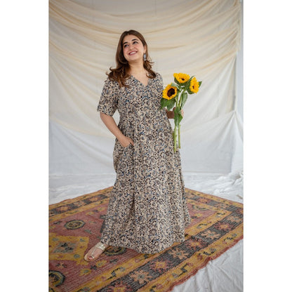 The Indian Ethnic Co. Beige Kalamkari Cotton Maxi Dress