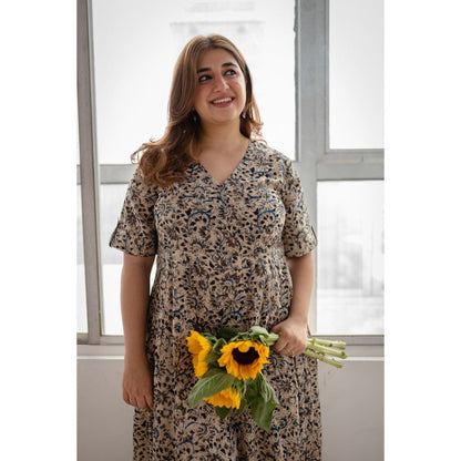 The Indian Ethnic Co. Beige Kalamkari Cotton Maxi Dress