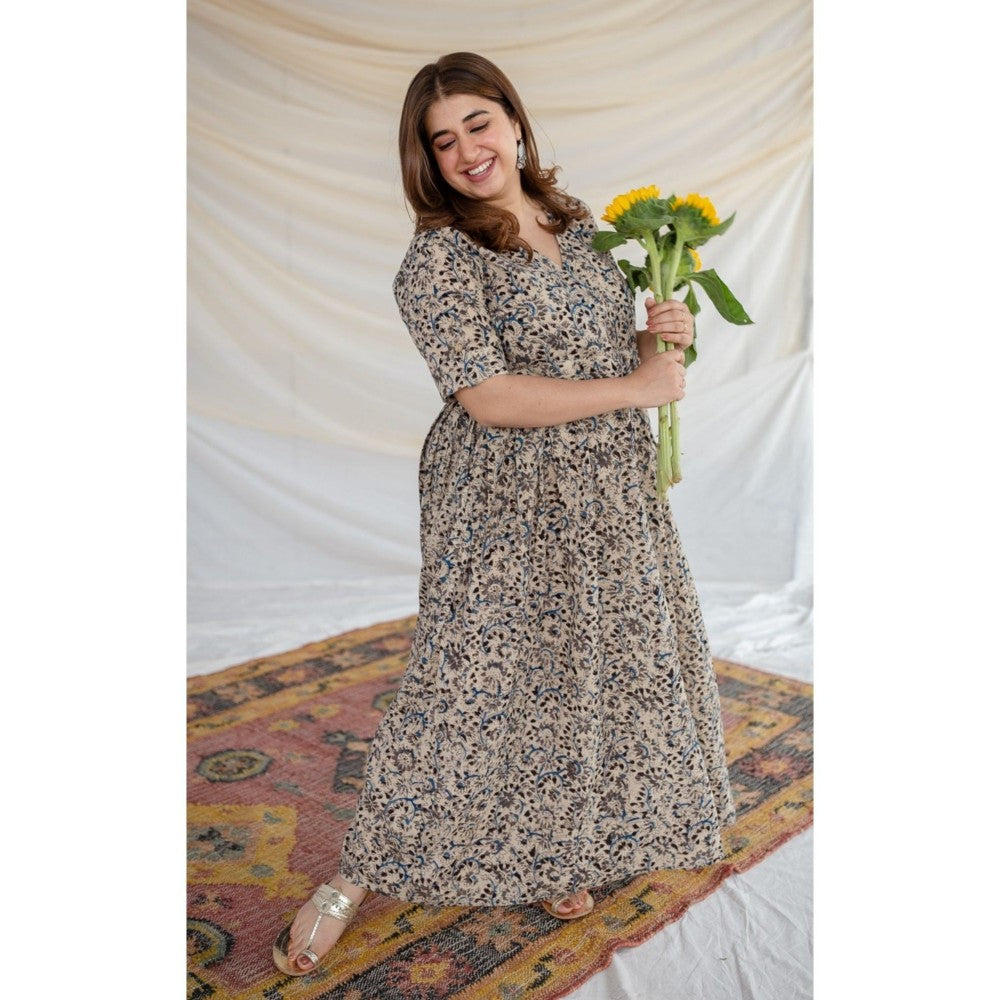 The Indian Ethnic Co. Beige Kalamkari Cotton Maxi Dress