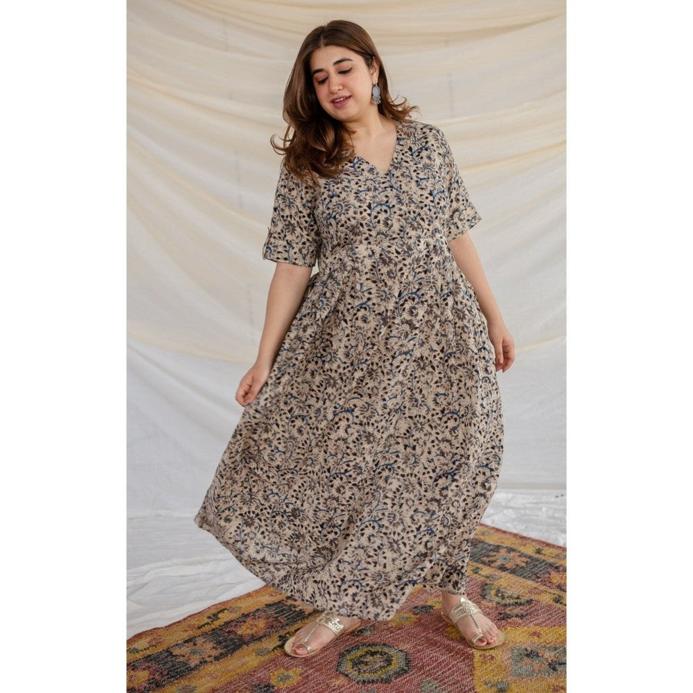 The Indian Ethnic Co. Beige Kalamkari Cotton Maxi Dress