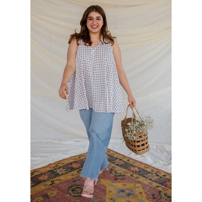 The Indian Ethnic Co. White Floral Sanganeri Organic Cotton Top