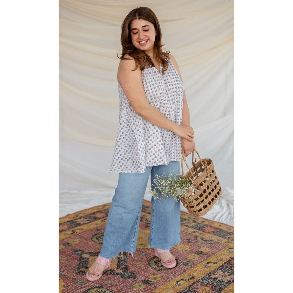 The Indian Ethnic Co. White Floral Sanganeri Organic Cotton Top
