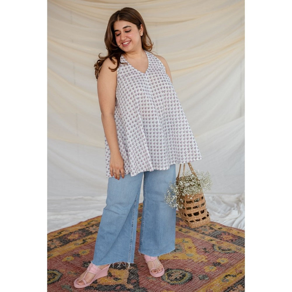 The Indian Ethnic Co. White Floral Sanganeri Organic Cotton Top