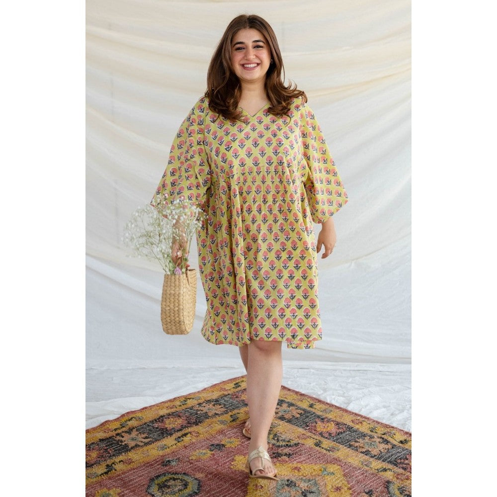 The Indian Ethnic Co. Yellow Sanganeri Floral Print Dress