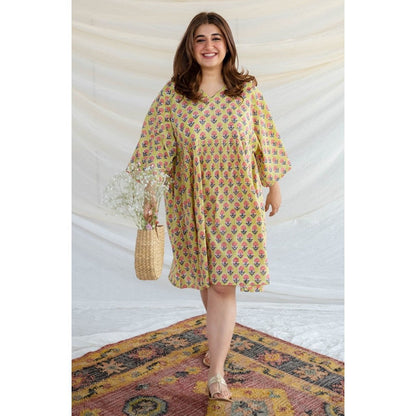 The Indian Ethnic Co. Yellow Sanganeri Floral Print Dress