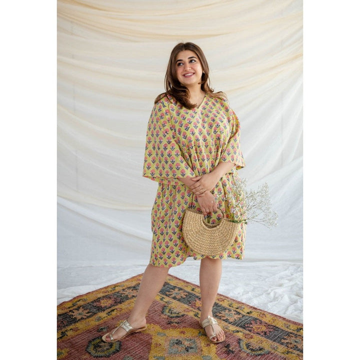 The Indian Ethnic Co. Yellow Sanganeri Floral Print Dress