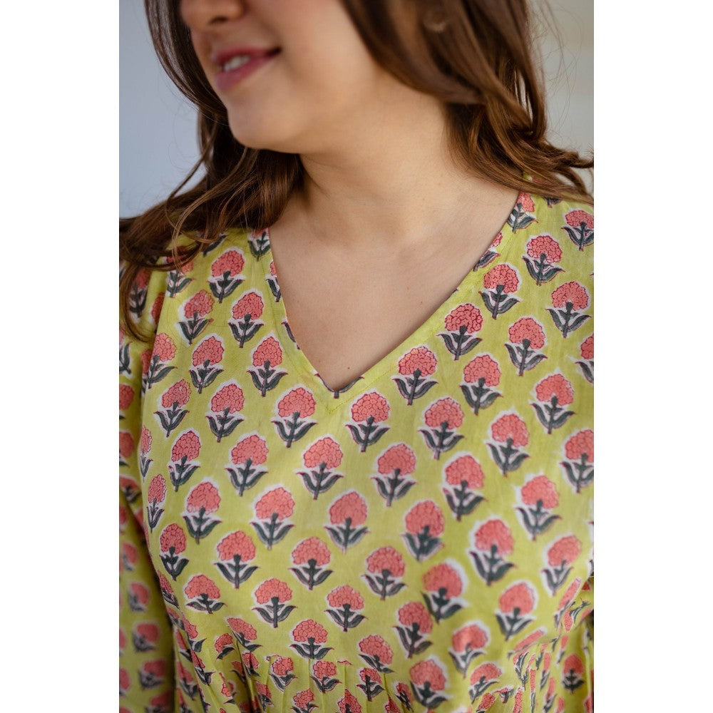 The Indian Ethnic Co. Yellow Sanganeri Floral Print Dress