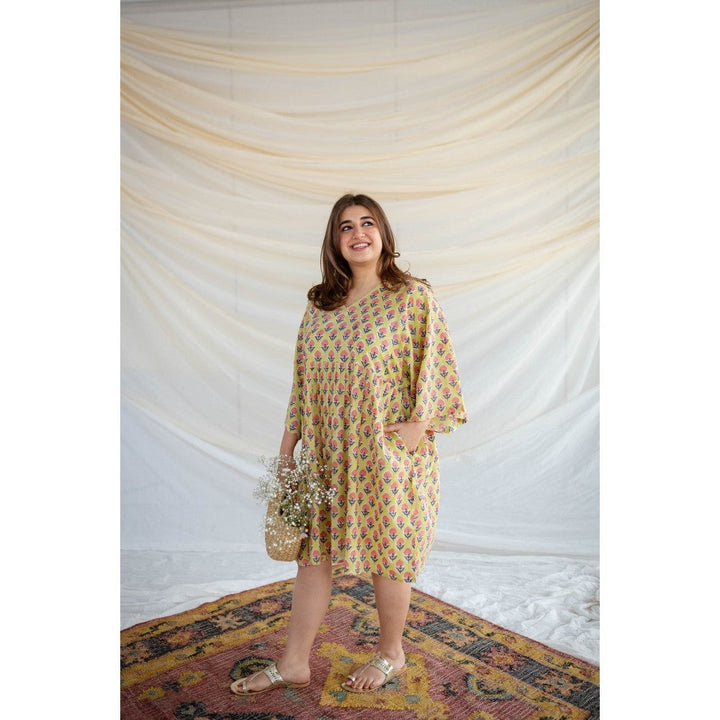 The Indian Ethnic Co. Yellow Sanganeri Floral Print Dress