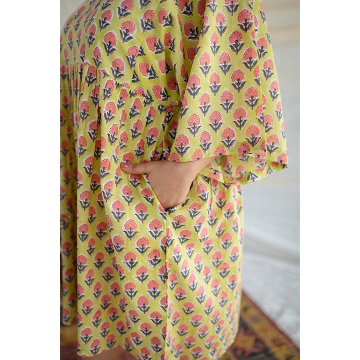 The Indian Ethnic Co. Yellow Sanganeri Floral Print Dress