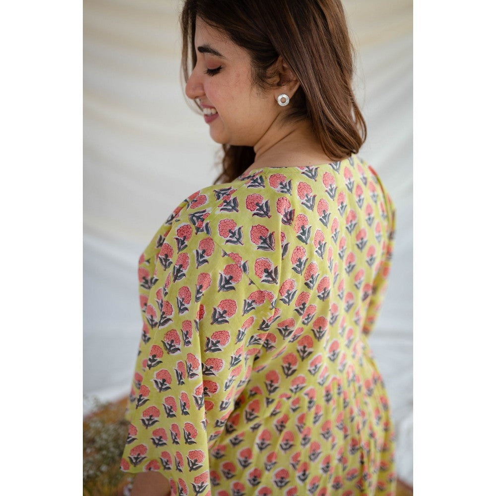 The Indian Ethnic Co. Yellow Sanganeri Floral Print Dress