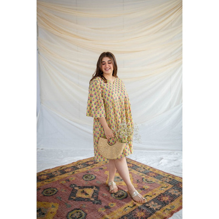 The Indian Ethnic Co. Yellow Sanganeri Floral Print Dress