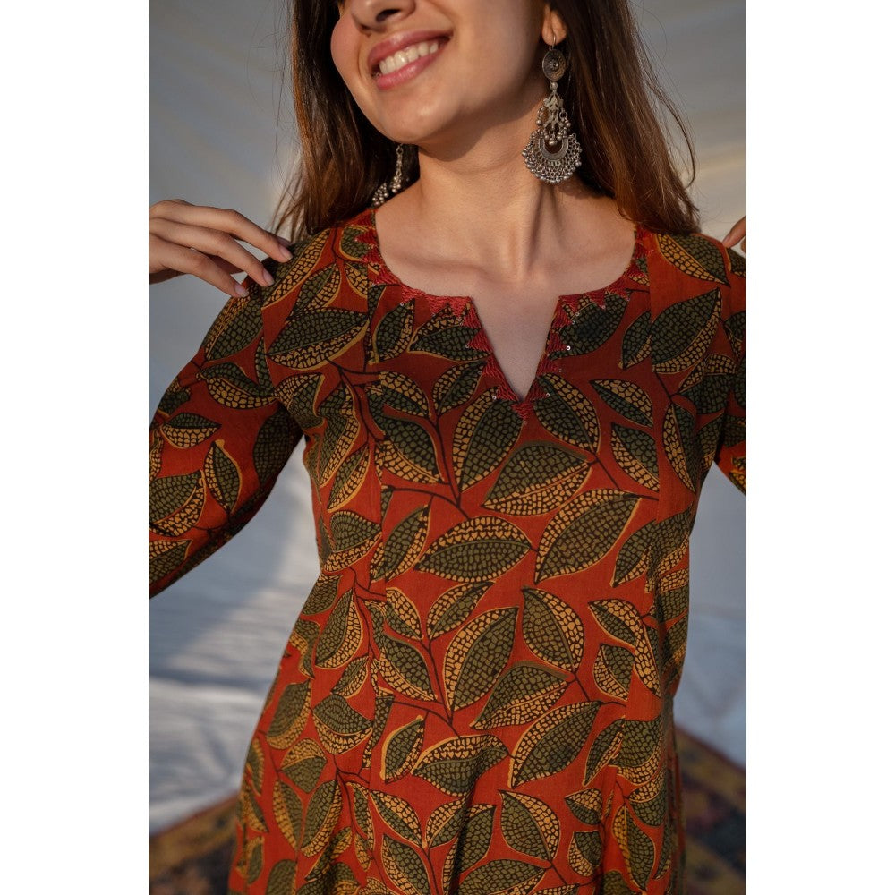 The Indian Ethnic Co. Red Ajrakh Cotton Kali Kurta