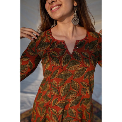 The Indian Ethnic Co. Red Ajrakh Cotton Kali Kurta