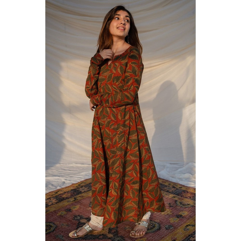 The Indian Ethnic Co. Red Ajrakh Cotton Kali Kurta