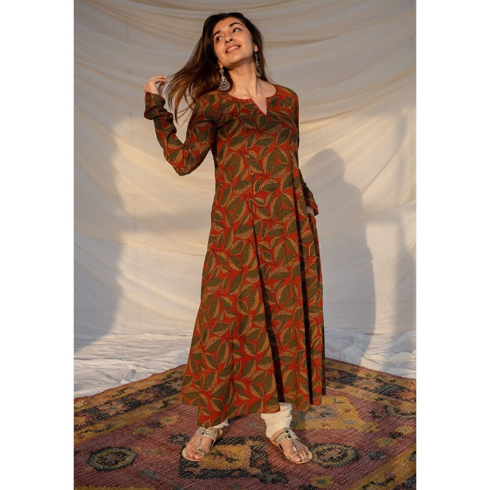 The Indian Ethnic Co. Red Ajrakh Cotton Kali Kurta
