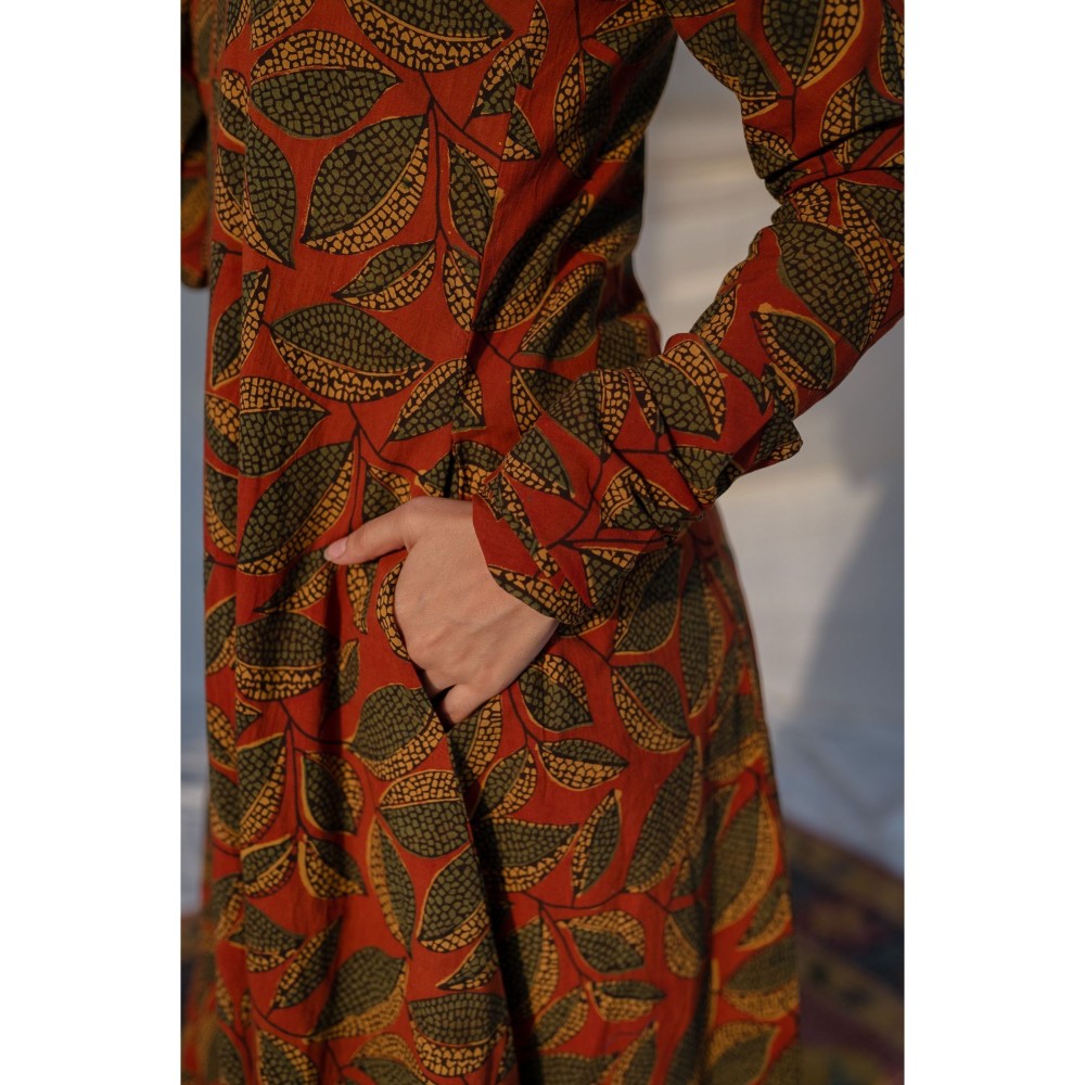 The Indian Ethnic Co. Red Ajrakh Cotton Kali Kurta
