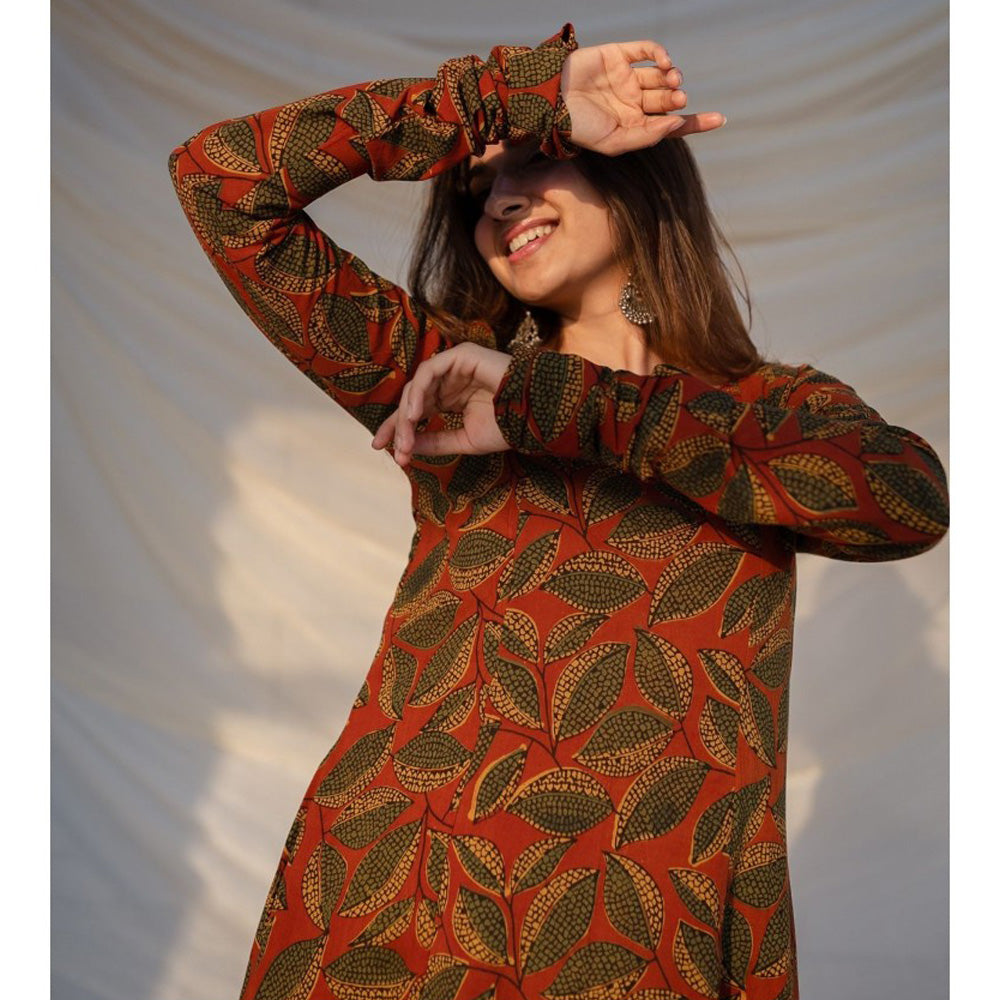 The Indian Ethnic Co. Red Ajrakh Cotton Kali Kurta
