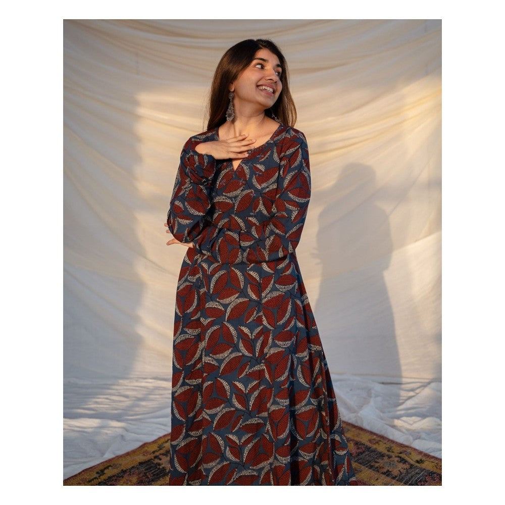 The Indian Ethnic Co. Blue Ajrakh Cotton Kali Kurta