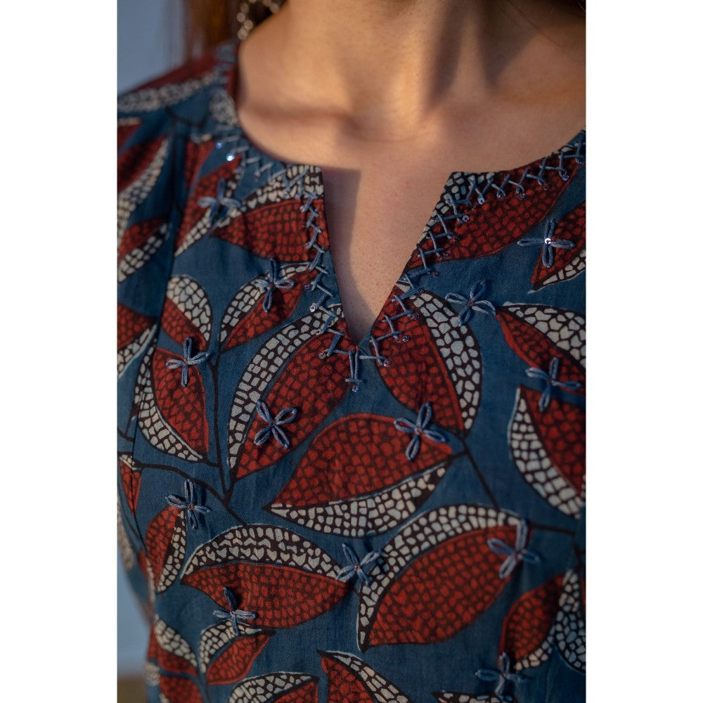 The Indian Ethnic Co. Blue Ajrakh Cotton Kali Kurta