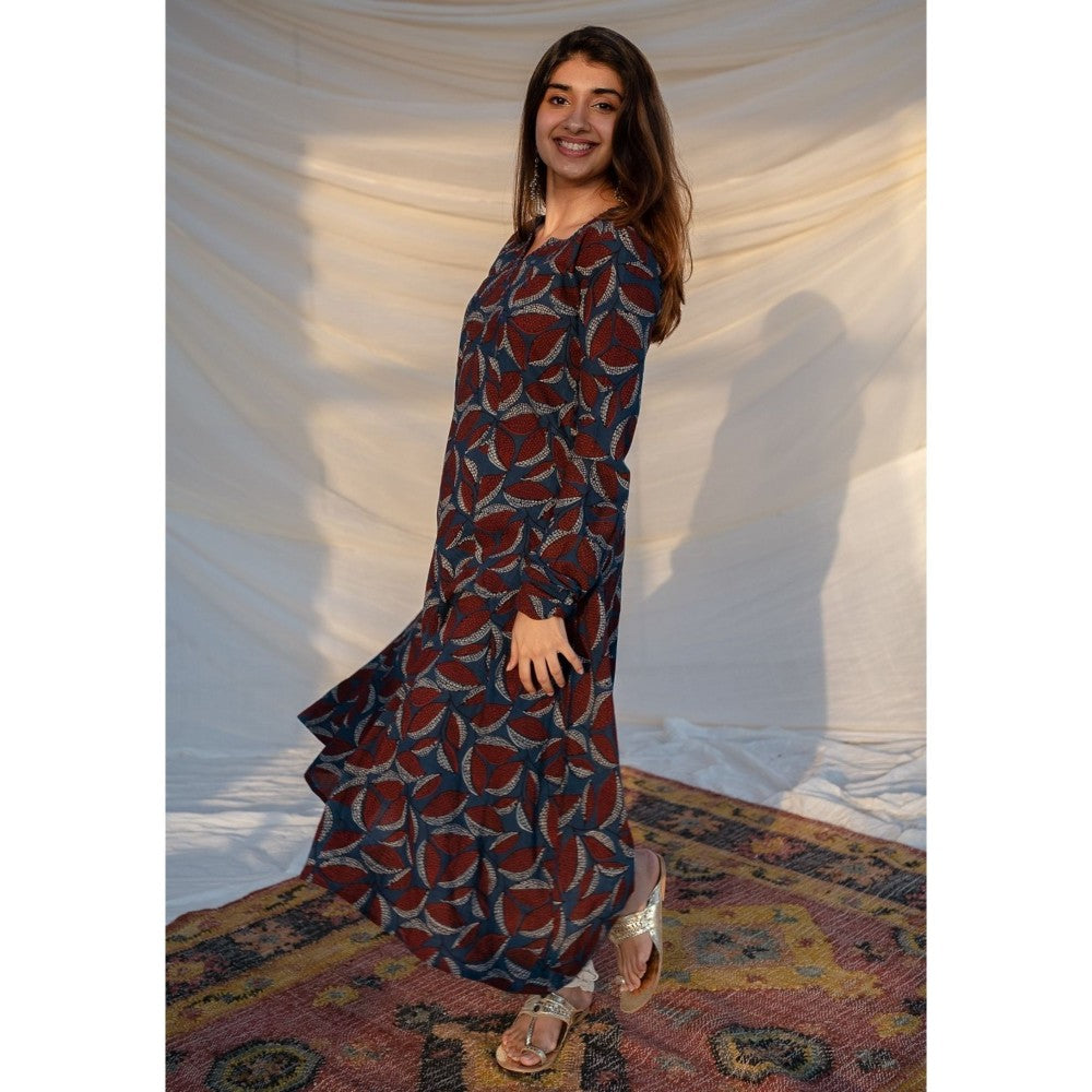 The Indian Ethnic Co. Blue Ajrakh Cotton Kali Kurta
