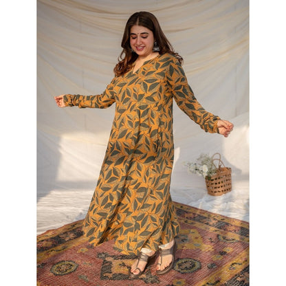 The Indian Ethnic Co. Mustard Ajrakh Cotton Kali Kurta