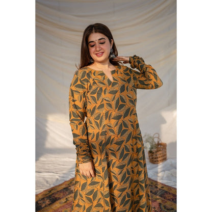 The Indian Ethnic Co. Mustard Ajrakh Cotton Kali Kurta
